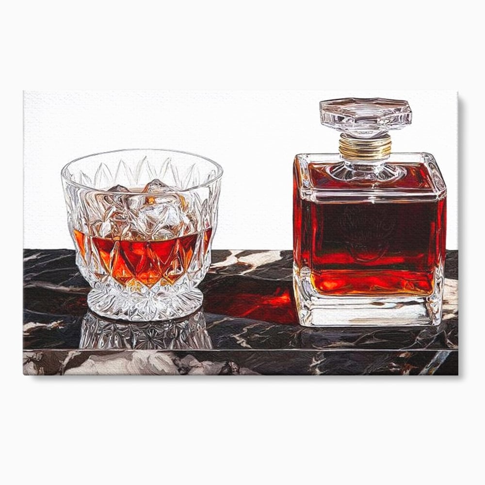 Tablou canvas cu tablou canvas cu pahar de whisky si carafa, fara rama, pe sasiu de lemn